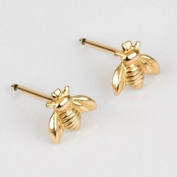 New 18K Yellow Gold Stud Bee Earrings - Picture 1 of 5